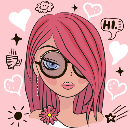 Cute Girl with glasses on a pinkのイラスト素材