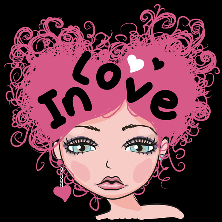 Portrait of Cute Girl with pink curly hairのイラスト素材