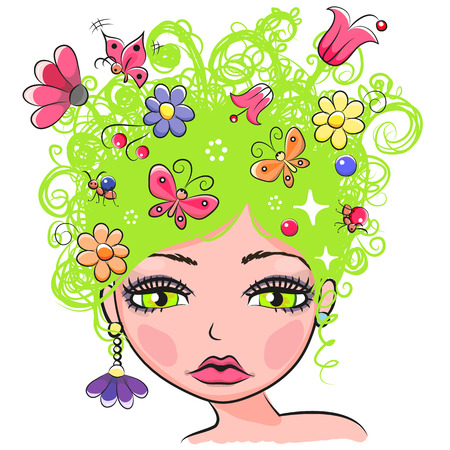 Portrait of Cute Girl with green curly hair with flowers and butterfliesのイラスト素材