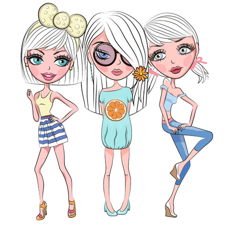 Three Cute girls with white hair on a white backgroundのイラスト素材