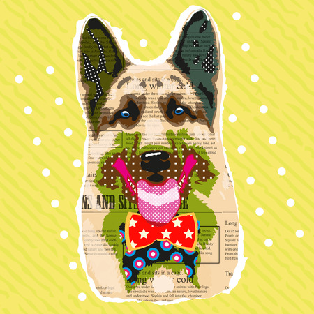 Sheep-dog with bow tie on a yellow backgroundのイラスト素材