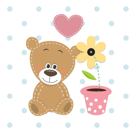 Greeting card Cute Teddy Bear with heart and flower