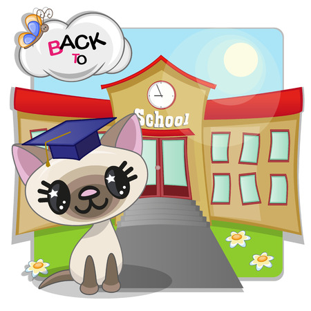 Cartoon Cat is sitting in the background of the schoolのイラスト素材
