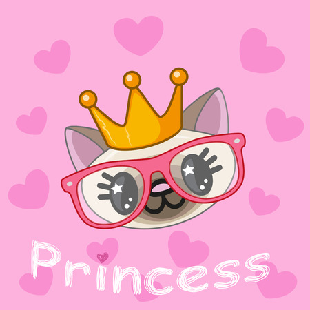 Princess Cat with hearts on a pink backgroundのイラスト素材