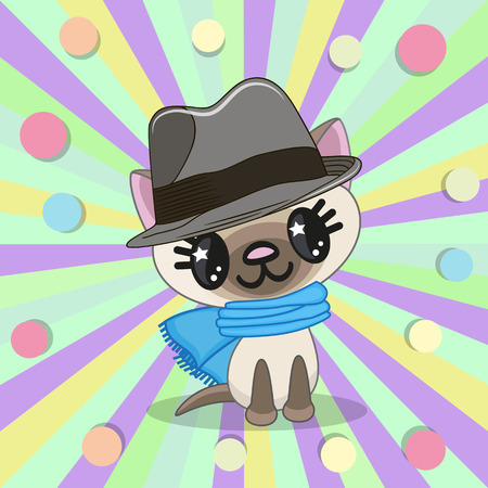 Cute Cat wearing a scarf and hat on a colored backgroundのイラスト素材