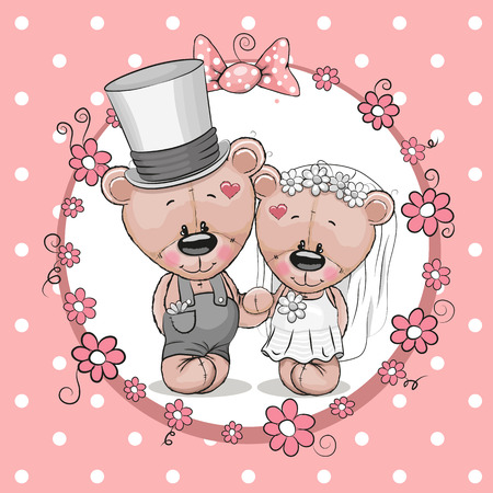 Teddy Bride and Teddy groom on a pink backgroundのイラスト素材