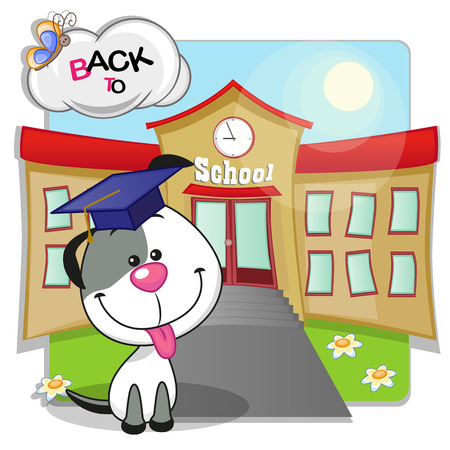 Cartoon Dog is sitting in the background of the schoolのイラスト素材