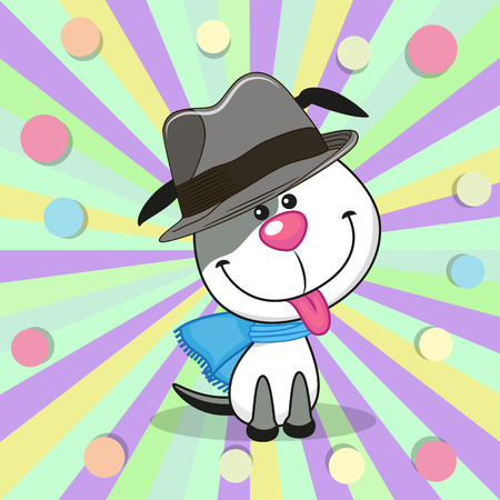 Cute Dog wearing a scarf and hat on a colored backgroundのイラスト素材