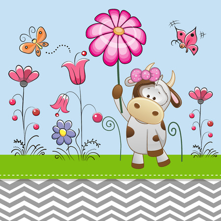 Greeting card Cute Cow with a flower on a meadowのイラスト素材