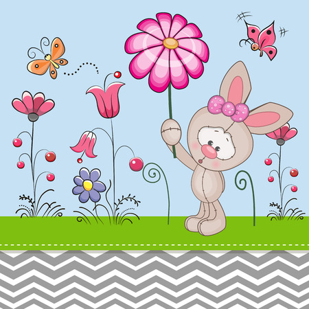 Greeting card Cute Rabbit with a flower on a meadowのイラスト素材