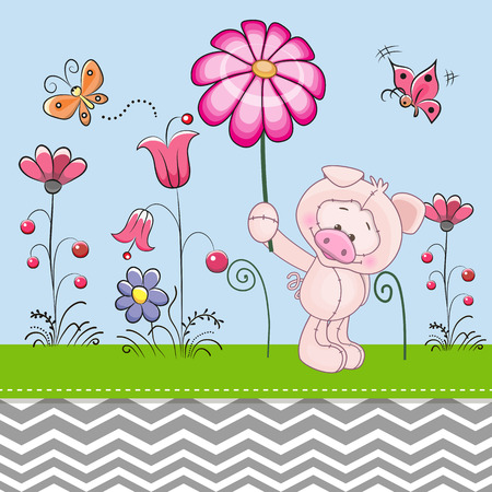 Greeting card Cute Pig with a flower on a meadowのイラスト素材