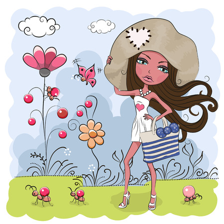 Cute girl in a white dress on a meadowのイラスト素材