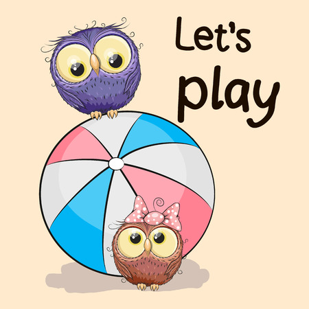 Two Owls with a ball on a yellow backgroundのイラスト素材