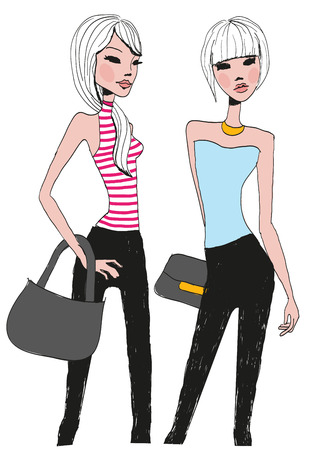 Sketch of two fashion girls isolated on a white backgroundのイラスト素材