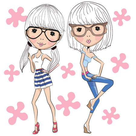 Sketch of two fashion girls isolated on a white background with pink flowersのイラスト素材