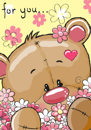 Cute Teddy Bear with flowers on a yellow backgroundのイラスト素材