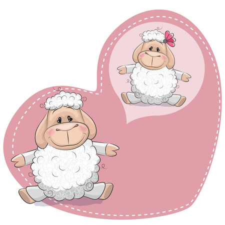 Greeting card Cute Dreaming Sheep on a heart backgroundのイラスト素材