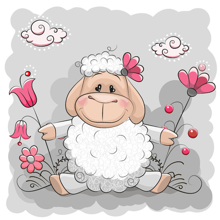 Cute Sheep with flowers on a meadowのイラスト素材