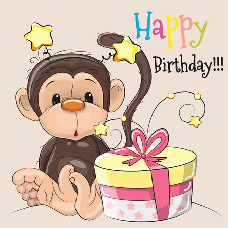 Greeting card cute monkey with gift on a beige backgroundのイラスト素材