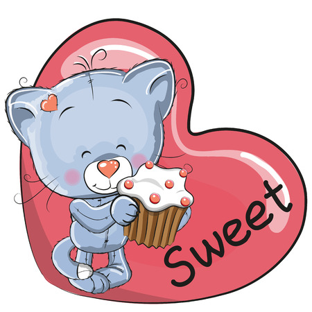 Kitten with Cake on a heart backgroundのイラスト素材