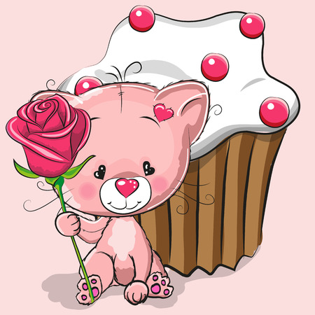 Greeting card Cute Cat with rose and cakeのイラスト素材