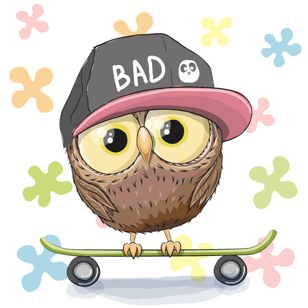 Cute Owl with skateboard on a floral backgroundのイラスト素材
