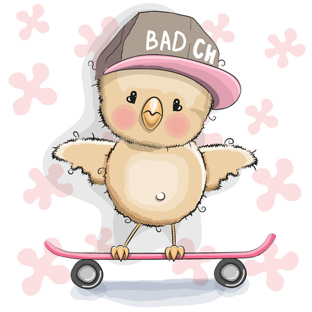 Cute Chicken with skateboard on a floral backgroundのイラスト素材