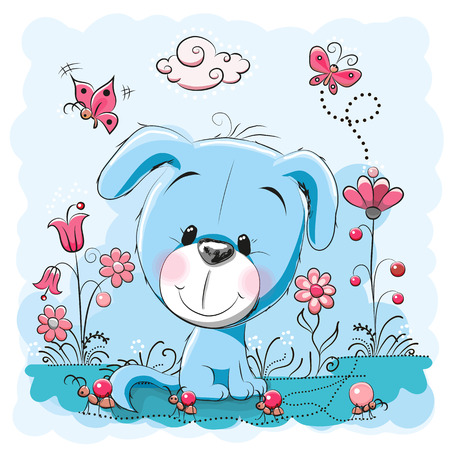 Cute dog with flowers and butterflies on a meadowのイラスト素材