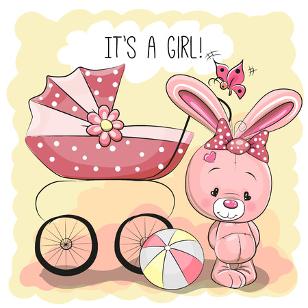 Greeting card it's a girl with baby carriage and rabbitのイラスト素材