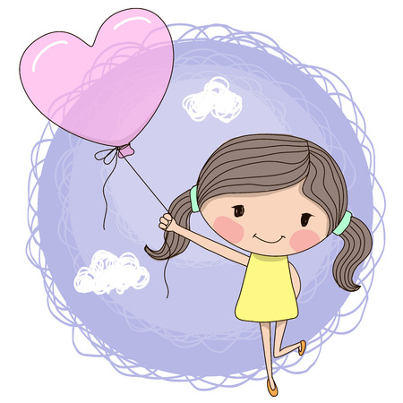 Cute cartoon girl with a balloon on a blue backgroundのイラスト素材