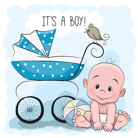 Greeting card it's a boy with baby and carriageのイラスト素材