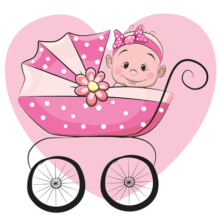 Cute Cartoon Baby girl is sitting on a carriage on a heart backgroundのイラスト素材