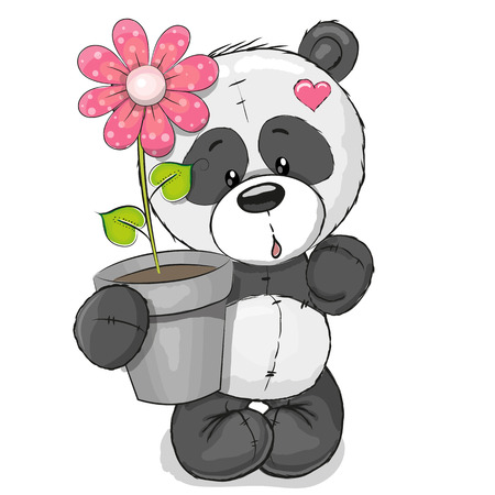 Greeting card cute cartoon Panda with flowerのイラスト素材