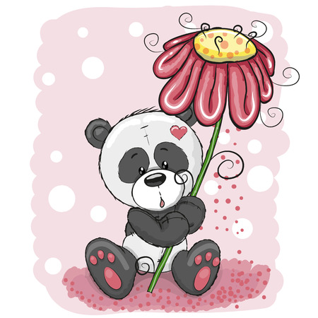Greeting card Panda with flower on a pink backgroundのイラスト素材