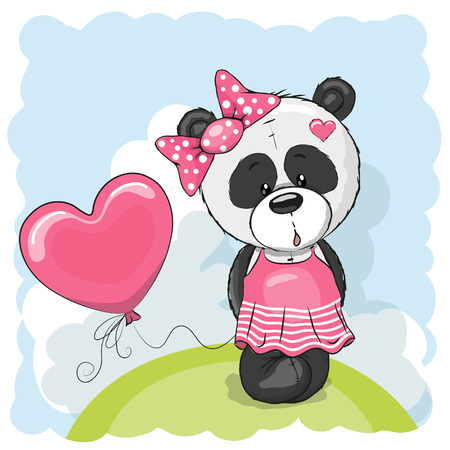Greeting card Cute Panda girl with balloon on the meadowのイラスト素材