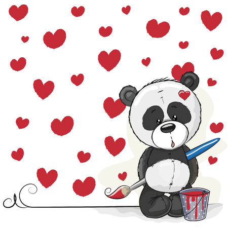 Cute Panda with brush is drawing heartsのイラスト素材