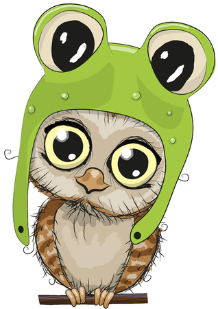 Cute cartoon owl in a frog hat on a white backgroundのイラスト素材