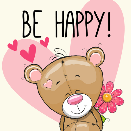 Be Happy Greeting card teddy Bear with hearts and a flowerのイラスト素材