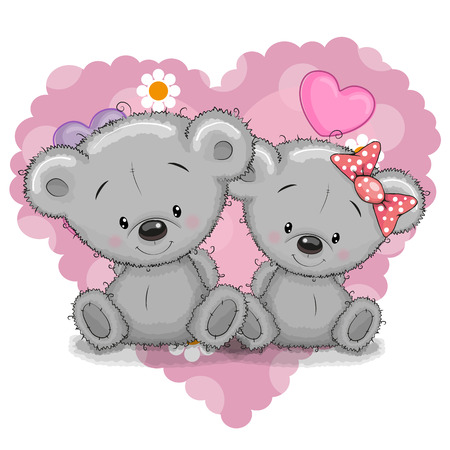 Two Cute Cartoon Bears on a background of heartのイラスト素材
