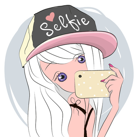 Vector cute cartoon girl with white hair makes selfieのイラスト素材
