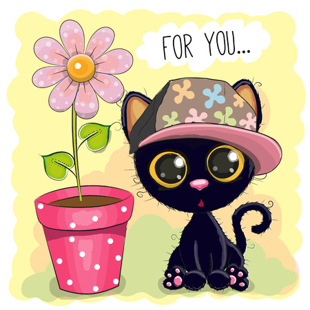 Greeting card Cute Cartoon Kitten with a flowerのイラスト素材