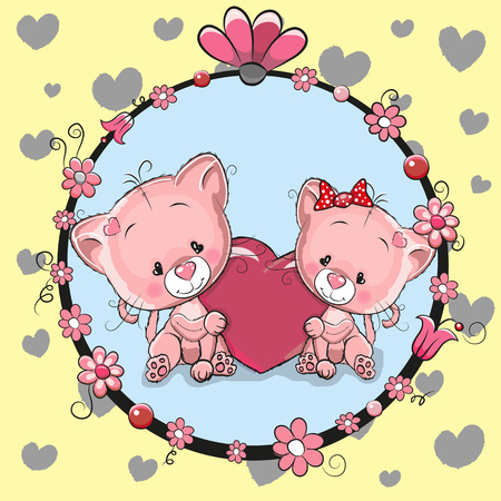 Greeting card with two cute cartoon Kittensのイラスト素材