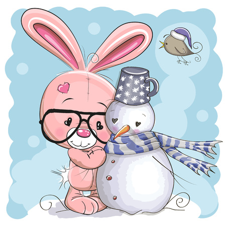 Cute Cartoon Bunny with glasses and a Snowmanのイラスト素材