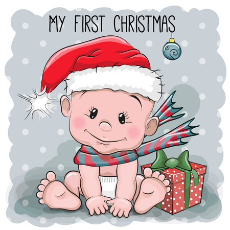 Cute Cartoon Baby in a Santa hat on a gray backgroundのイラスト素材