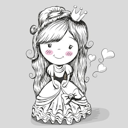 Black and White portrait of a Cute fairy-tale Princess on a gray backgroundのイラスト素材