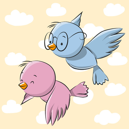 Two Cute Cartoon Birds on a sky backgroundのイラスト素材