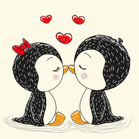 Two cute penguins and hearts isolated on a white backgroundのイラスト素材