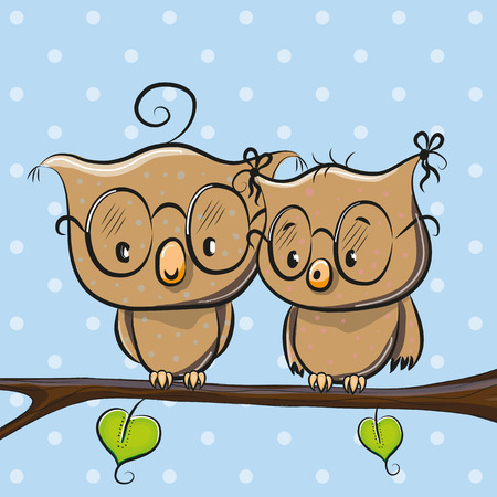 Greeting card with Two cute Cartoon Owlsのイラスト素材