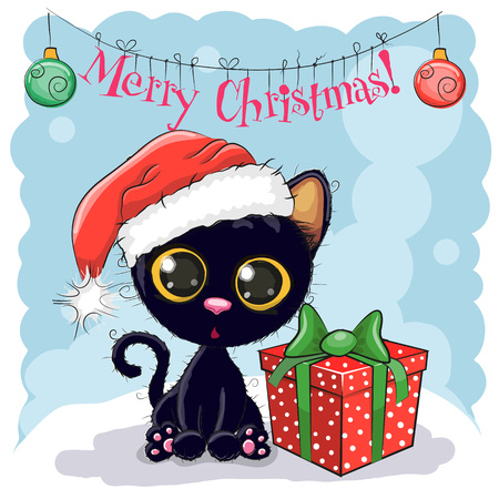 Christmas card Cute Black Cat in a Santa hat with giftのイラスト素材