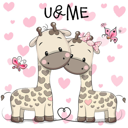 Two cute giraffes on a hearts background